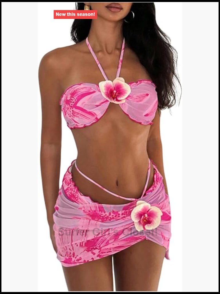 3 Piece Bikini Set With Drawstring Cover Up Skirt - Halter Neck